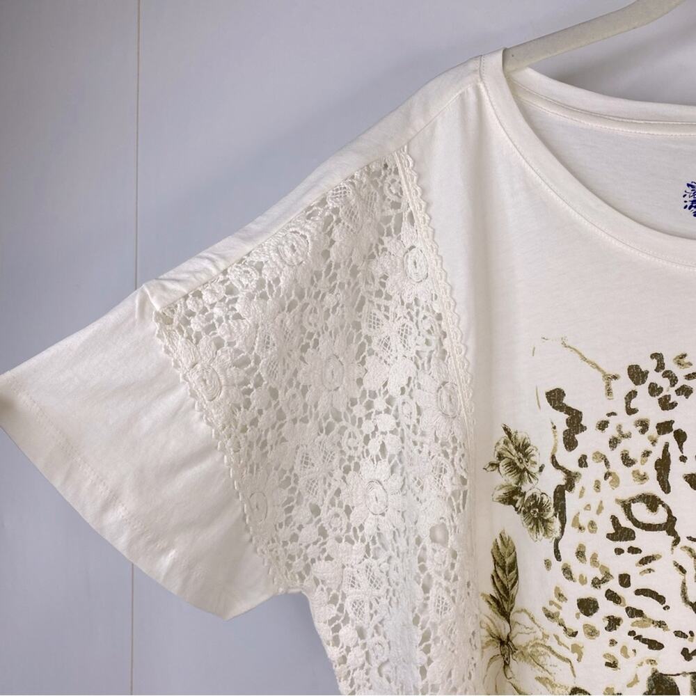 Pilcro Leopard Print Graphic Tee Crochet Details Crew Neck Short Sleeves Size XL - Picture 6 of 14